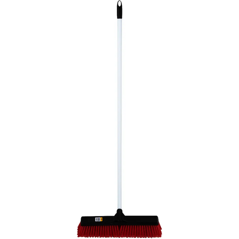 Addis broom with black head and red stiff bristles on a long silver handle