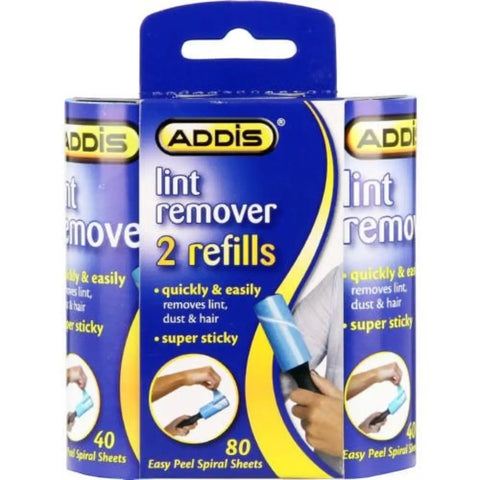 Addis lint remover refill pack with two refills; blue and yellow packaging showing a hand using the roller