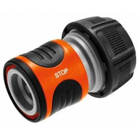 gardena water stop connector with orange and black body and grey threaded end