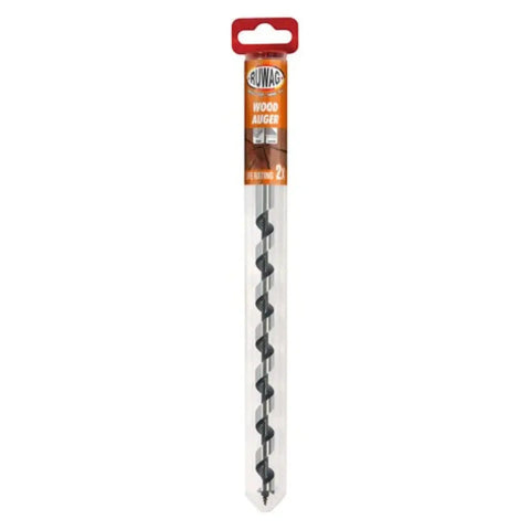 ruwag wood auger drill bit in clear plastic tube with orange label and red hanger