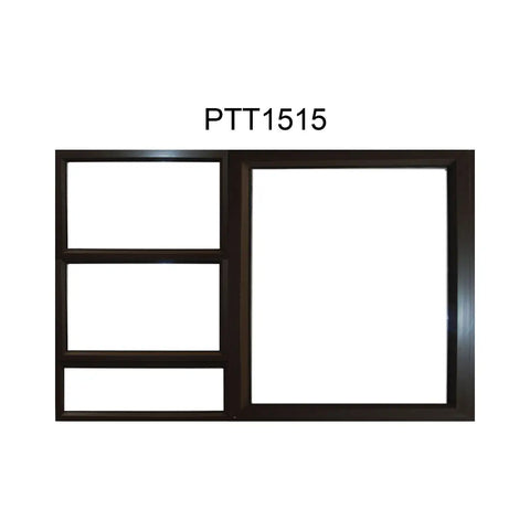 bronze aluminium top hung window with a left triple pane section and a large right pane