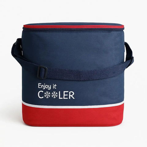 Totai twelve can cooler bag in navy with red base and white stripe, adjustable strap, zip top and the words enjoy it cooler.