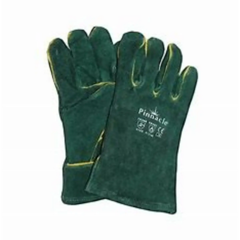 green welding gloves with yellow stitching and brand name pinnicle printed on back