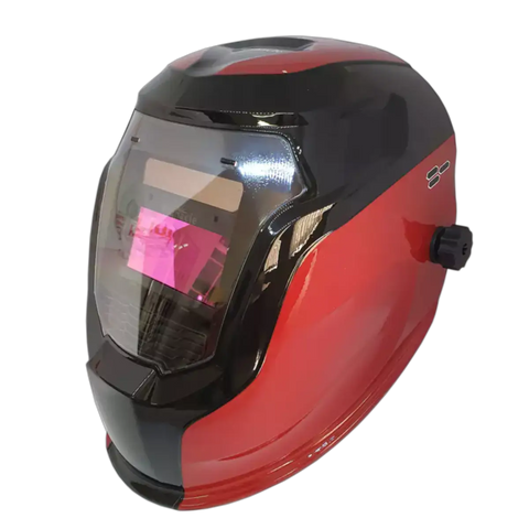 red and black auto darkening welding helmet with clear face shield and adjustment knob