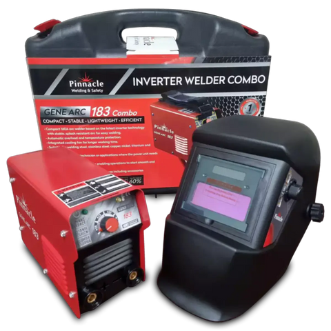 Pinnacle inverter welder kit with a red compact welding machine and a black protective helmet beside the branded box