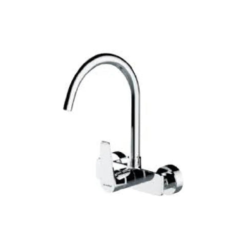 chrome kitchen wall faucet with curved gooseneck spout and dual handles