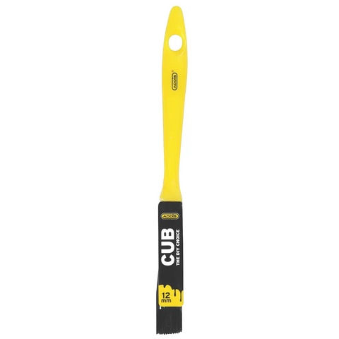 yellow paint brush with a plastic handle and ADDIS logo, black label displaying cub twelve millimetre