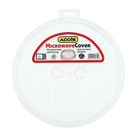 round white plastic microwave cover with a raised top handle and Addis label