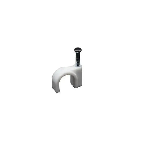 white plastic round cable clip with a vertical metal screw
