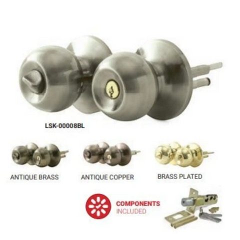 samson entrance ball knob lockset in antique brass and antique copper finishes with brass plated option and components