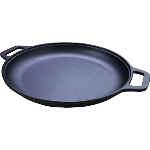 totai cast iron skillet with two side handles, round and dark blue, thirty three centimetres in diameter