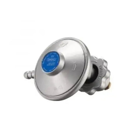 Cadac swivel regulator with round metal body and blue label dial
