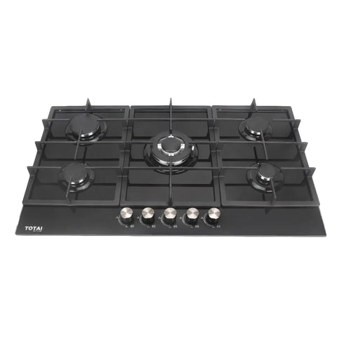 Totai five burner glass gas hob with cast iron pan supports and chrome control knobs