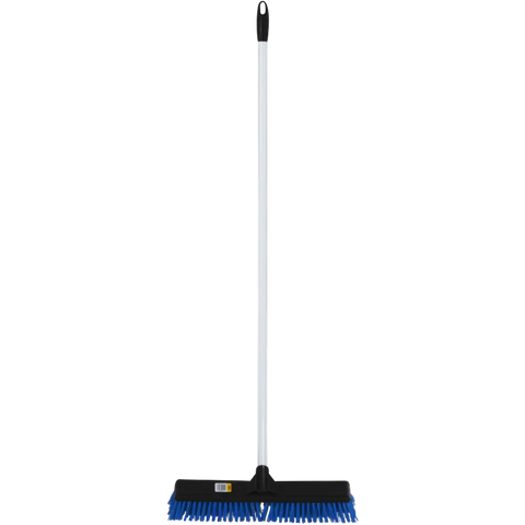 Addis heavy duty broom with long silver handle and blue stiff bristle head