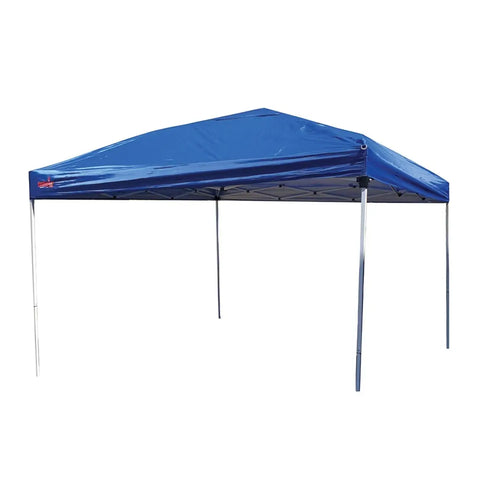 blue folding gazebo with a peaked canopy and four metal legs