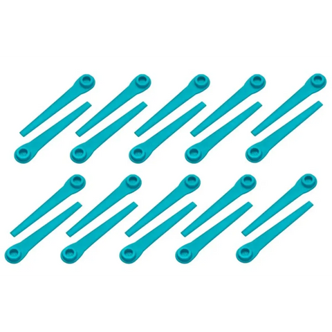 ten turquoise plastic saw blade adapters laid out diagonally