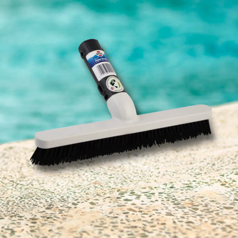 HTH branded pool brush with black bristles and light grey head on a pool edge