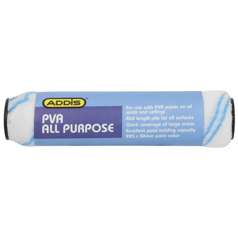 addis all purpose paint roller refill for medium surfaces with blue label wrapped around a white roller