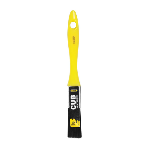 yellow Addis paint brush with black bristles and a black label showing nineteen millimetre