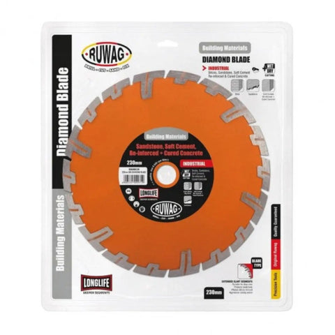 Ruwag branded industrial diamond blade in packaging shows an orange segmented disc with white and black label