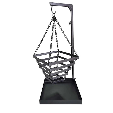 Totai hanging four tier metal basket with chains and a rectangular base tray