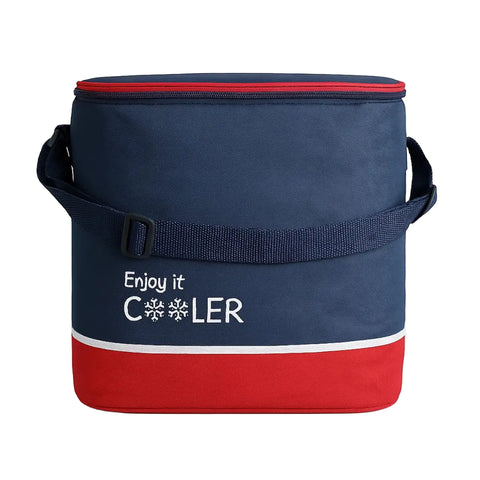 Totai navy blue cooler bag with red bottom panel and white stripe, adjustable strap, and a printed enjoy it cooler logo.