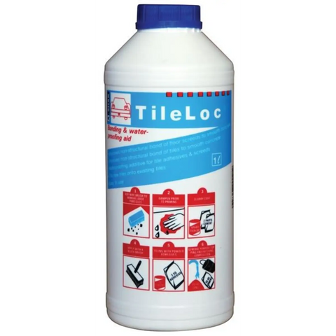 white plastic bottle with blue label showing tileloc tile adhesive and red instructional icons