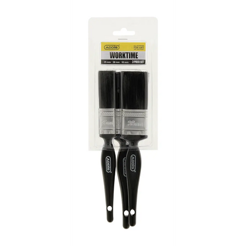 two black flat paintbrushes in clear plastic packaging with addis logo and a worktime label indicating twenty five thirty