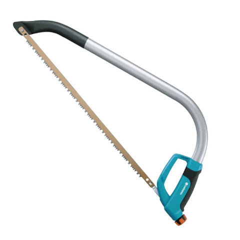 Gardena bow saw with turquoise handle, silver frame, and beige blade