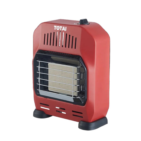 Totai red portable gas heater with black base and front metal grate and top control knob