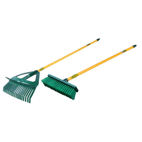 Lasher rake and broom set with yellow handles and green heads