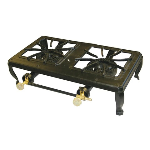 totai two burner gas stove with front control knobs and metal legs