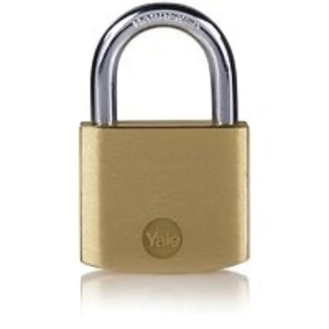 brass padlock with silver shackle and Yale logo on the front