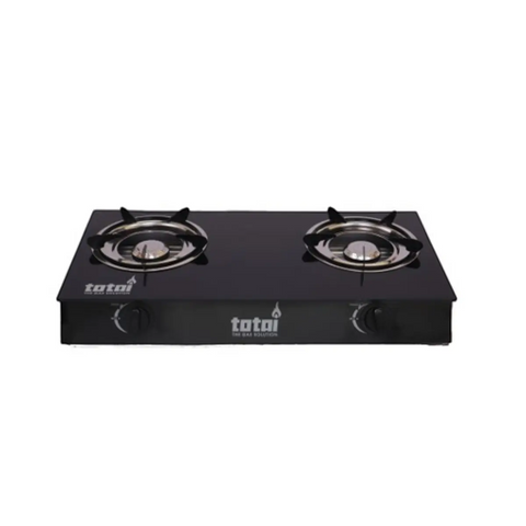 totai glass top two burner gas stove with black finish and front control knobs