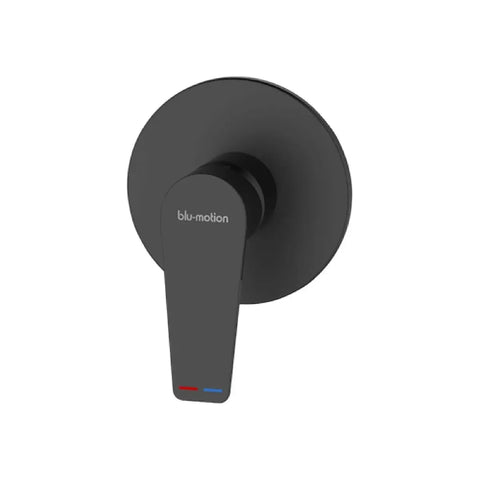 blu motion black edition shower mixer with round backplate and blue and red indicators on the lever