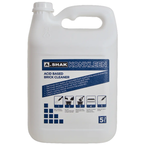 white plastic bottle of A.Shak Konkleen acid based brick cleaner with a blue label