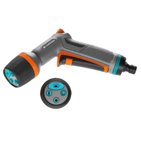 gardena pressure washer nozzle with gray handle, orange accents and blue adjustment dial