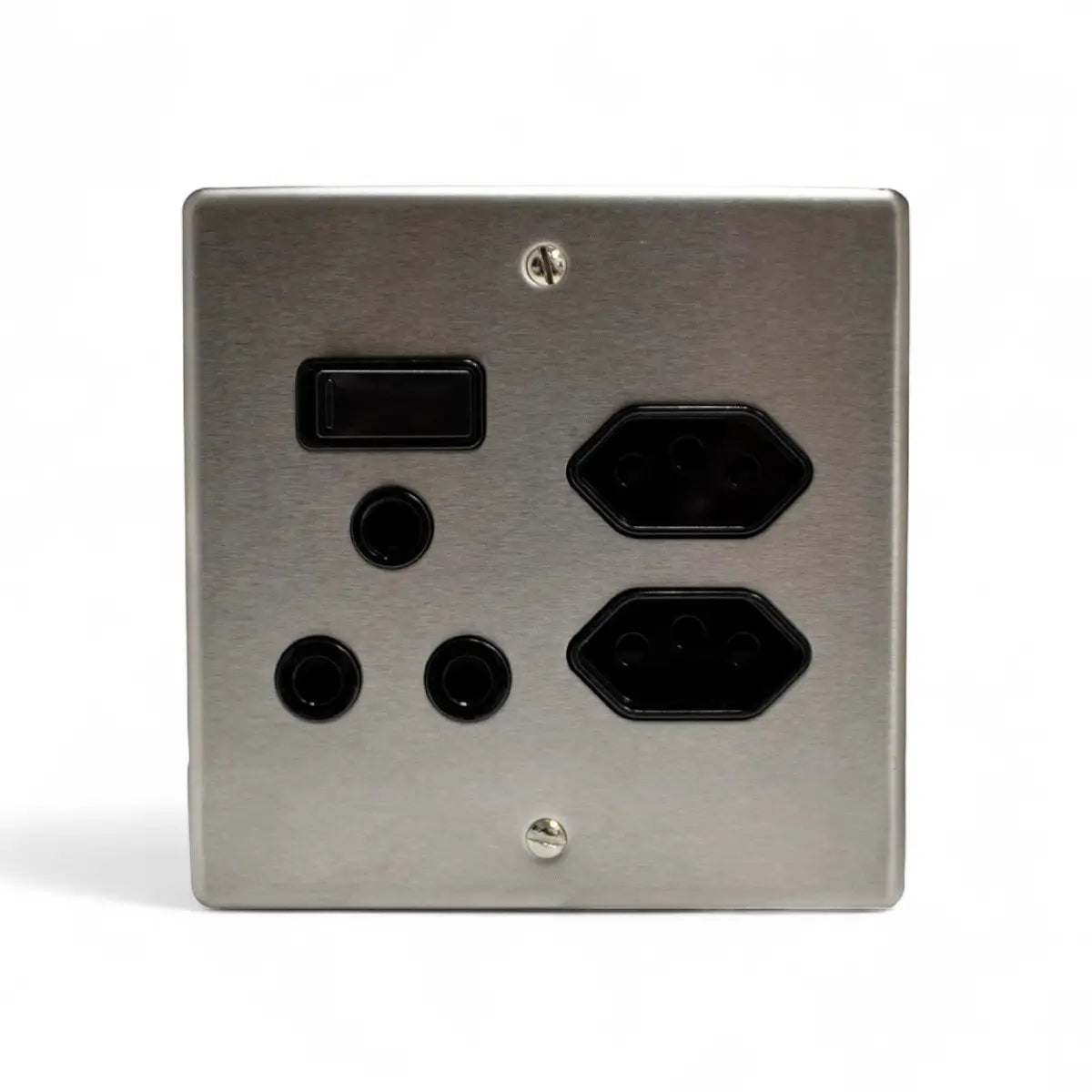 Lesco Switch Socket 100X100Mm S/Steel Black 3P+2Xeuro Switch Socket
