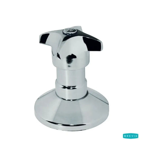 chrome tap head mixer with a round base and a single lever handle brevik logo in the corner