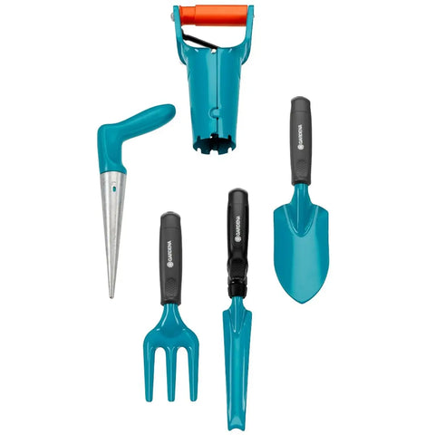 gardena five piece gardening set with teal handles including a flower fork a trowel and dibber with black grips