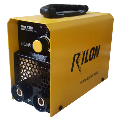 yellow welding machine with a black control panel, yellow dial, hex vent grille and a top carry handle.