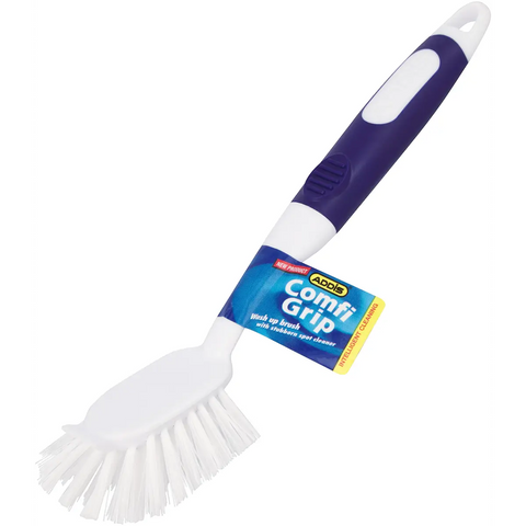 addis comfi grip wash up brush with blue and white handle and white bristles
