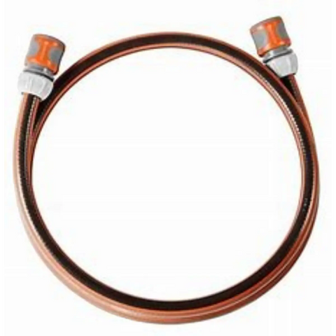 Gardena copper colored hose with fittings coiled in a circle