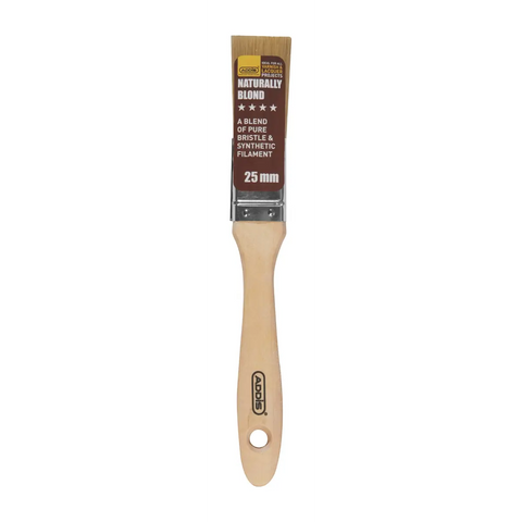 Addis natural blond paint brush with brown label, wooden handle and metal ferrule, twenty five millimetre width