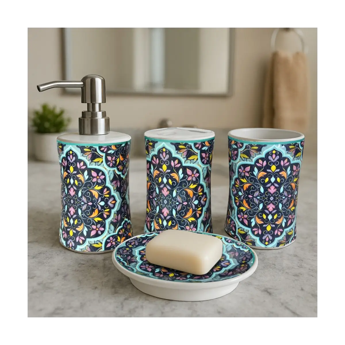 Four piece bathroom accessory set