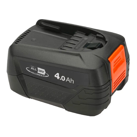Gardena eighteen volt battery with bright orange release button and four point zero ampere hours label
