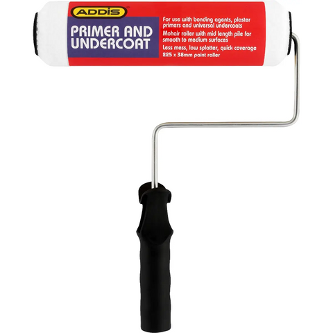 Addis primer and undercoat paint roller with metal frame and black handle.