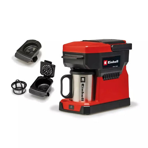 einhell cordless coffee maker with stainless steel carafe in red and black and removable filter baskets beside it
