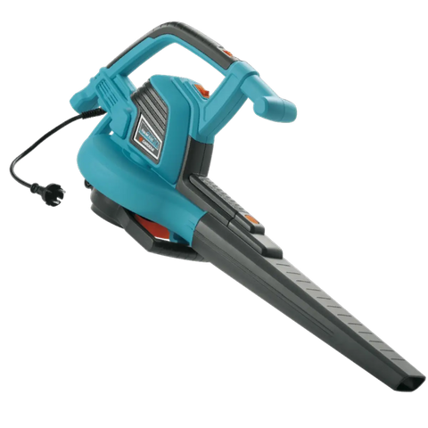 Gardena electric blower vacuum with teal body and long grey nozzle, corded power plug visible