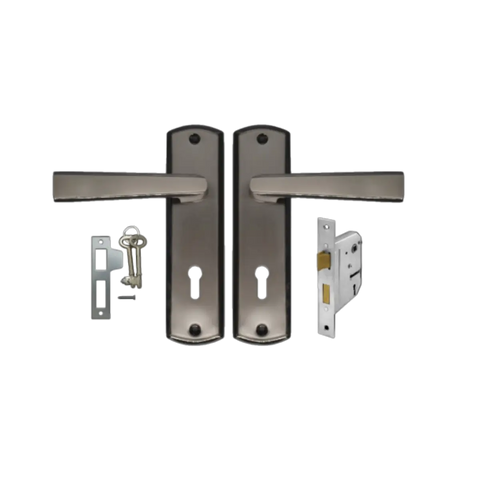 Samson lockset with two satin nickel lever handles, mounting plates, strike plate, latch bolt, and keys.